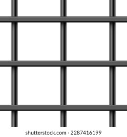 Black realistic metal prison bars isolated on white background. Detailed jail cage, prison iron fence. Criminal background mockup. Vector illustration