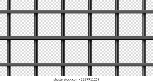 Black realistic metal prison bars. Detailed jail cage, prison iron fence. Criminal background mockup. Vector illustration