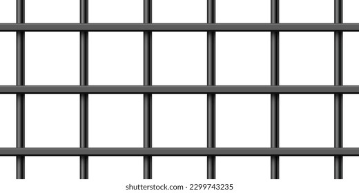 Black realistic metal prison bars isolated on white background. Detailed jail cage, prison iron fence. Criminal background mockup. Vector illustration