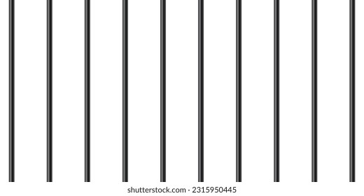 Black realistic metal prison bars isolated on white background. Detailed jail cage, prison iron fence. Criminal background mockup. Vector illustration