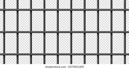 Black realistic metal prison bars. Detailed jail cage, prison iron fence. Criminal background mockup. Vector illustration