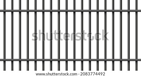 Black realistic metal prison bars isolated on white background. Detailed jail cage, prison iron fence. Criminal background mockup. Creative vector illustration.