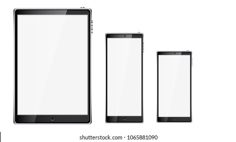 Black realistic mobile smart touchscreen tablet computer and two mobile phones, smartphone with glossy blank screen with copy space isolated on white background. Vector illustration