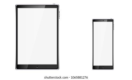 Black realistic mobile smart touchscreen tablet computer and mobile phone, smartphone with glossy blank screen with copy space isolated on white background. Vector illustration