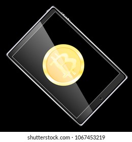 black realistic mobile smart touch-sensitive slim tablet computer turned on its side with a gold coin bitcoin, the crypto-currency on the display is isolated on a black background. Vector illustration