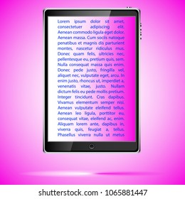Black realistic mobile touch smart tablet computer with a screen with lorem ipsum with a glare of light with a shadow located vertically isolated on a purple pink background. Vector illustration.