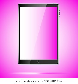 Black realistic mobile touch smart tablet computer with an unfilled screen with a glare of light with a shadow located vertically isolated on a purple pink background. Vector illustration.