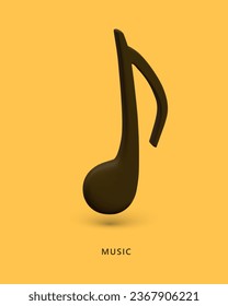 Black realistic musical note on yellow background. Musical symbol, graphic sign for recording sound on paper. Musician alphabet. Poster with place for text
