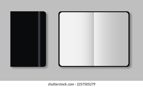 Modelación realista de un portátil negro. Cerrar y abrir un libro sobre fondo gris. Ilustración vectorial. EPS 10.