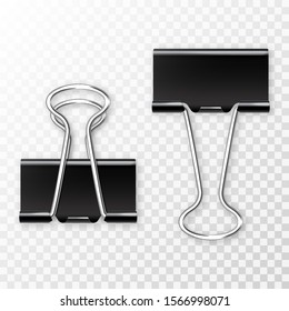 Black realistic paper binder isolated on checkered background. Paper clip, holder. Design mockup. Vector illustration.