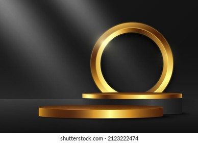Black realistic pedestal with golden elements. Empty space luxury design mockup scene for product.Golden circle glitters
