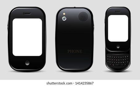 Black realistic phone with empty screen on isolated background, push-button phone mockup for your design, front and rear view, vector Illustration