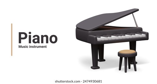 Black realistic piano with stool. Oversized professional musical keyboard instrument