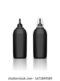 Black realistic plastic or aluminum nasal spray bottle for respiratory disease treatment. Isolated vector illustration. Packaging medicine blank mockup template.
