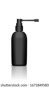 Black realistic plastic spray bottle for throat disease treatment. Isolated vector illustration. Packaging medicine blank mockup template.