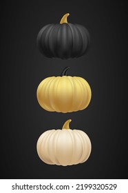 Black realistic pumpkin set isolated on dark background. Golden luxury and beige pumpkins collection vector illustration. Modern autumn vegetable Halloween or Thanksgiving symbol and decoration.