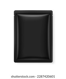 Burla de un sobre negro realista. Ilustración vectorial aislada en fondo blanco. Envases para cosméticos, alimentos, mascotas. Listo para tu diseño. EPS10.	
