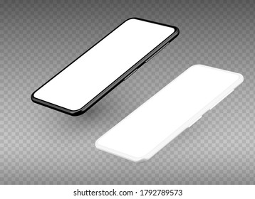 Black Realistic smart phone mock up. 3d Perspective view of high detailed smartphone. Vector mockup. Cell phone with blank screen isolated
