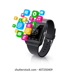 Black realistic smart watch tasks and applications colorful isometric symbols display outside device white background vector illustration 