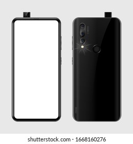 Black realistic smartphone with empty screen for your design on isolated background, phone rear view with camera, flash and fingerprint, vector illustration