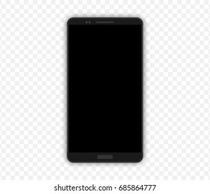 Black realistic smartphone isolated on transparent background, vector illustration. Bezel-less mobile phone model, black screen, front view.