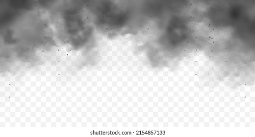 Humo negro realista, nubes de polvo. smog o niebla sucios contaminados con partículas de suciedad. Contaminación del aire, efecto de niebla. Humo del fuego o la explosión. Ilustración del vector