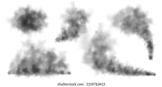 Black realistic smoke  dust clouds isolated white background  Dirty polluted smog fog  Air pollution  mist effect  Smoke from fire explosion  Vector illustration