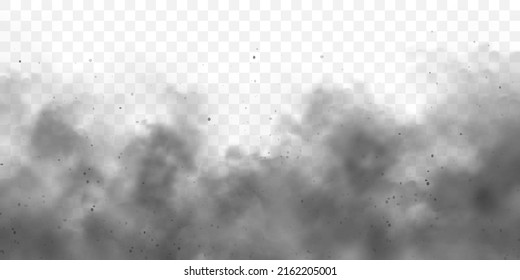 Black realistic smoke, dust clouds. Dirty polluted smog or fog with dirt particles. Air pollution, mist effect. Smoke from fire or explosion. Vector illustration
