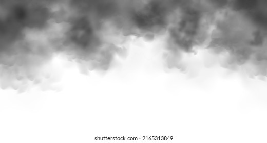 Black realistic smoke, dust clouds isolated on white background. Dirty polluted smog or fog. Air pollution, mist effect. Smoke from fire or explosion. Vector illustration