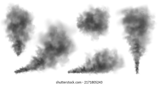 Black realistic smoke, dust clouds isolated on white background. Dirty polluted smog or fog. Air pollution, mist effect. Smoke from fire or explosion. Vector illustration