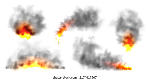 Schwarzer realistischer Rauch, Staubwolken einzeln auf weißem Hintergrund. Schmutziger verunreinigter Smog oder Nebel. Luftverschmutzung, nebeliger Effekt. Rauch aus Feuer oder Explosion. Vektorgrafik