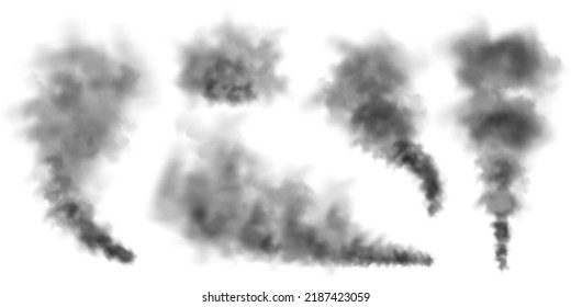 Black realistic smoke, dust clouds isolated on white background. Dirty polluted smog or fog. Air pollution, mist effect. Smoke from fire or explosion. Vector illustration