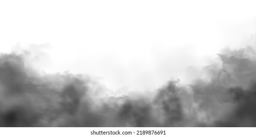 Schwarzer realistischer Rauch, Staubwolken einzeln auf weißem Hintergrund. Schmutziger verunreinigter Smog oder Nebel. Luftverschmutzung, nebeliger Effekt. Rauch aus Feuer oder Explosion. Vektorgrafik