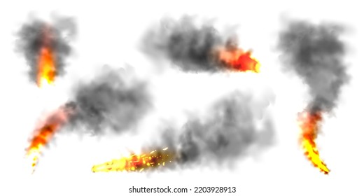 Humo negro realista, nubes de polvo aisladas sobre fondo blanco. Niebla o niebla contaminada sucia. Contaminación del aire, efecto de niebla. Humo del fuego o la explosión. Ilustración del vector