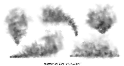 Black realistic smoke, dust clouds isolated on white background. Dirty polluted smog or fog. Air pollution, mist effect. Smoke from fire or explosion. Vector illustration