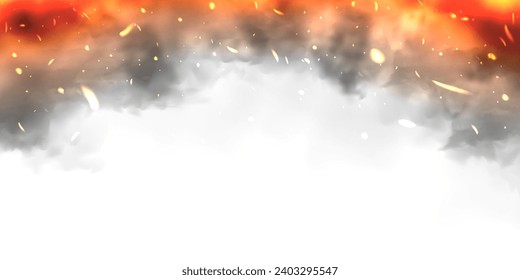 Black realistic smoke, dust clouds isolated on white background. Dirty polluted smog or fog. Air pollution, mist effect. Smoke from fire or explosion. Vector illustration