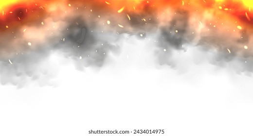 Black realistic smoke, dust clouds isolated on white background. Dirty polluted smog or fog. Air pollution, mist effect. Smoke from fire or explosion. Vector illustration