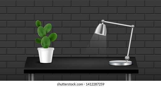 Black realistic table with cactus and lamp, textured wall black backgound. Interior design. Template for Object Presentation. Vector Illustration. EPS 10