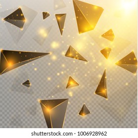 Triángulos realistas negros y efectos de luz dorada. Efecto 3D.movimiento de triángulos voladores. Ilustración vectorial.Para portada, folleto, volante, afiche, revista, diseño de portada cd.