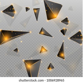 Black realistic triangles and golden light effects. 3D effect.motion of flying triangles. Vector illustration.For cover book, brochure, flyer, poster, magazine, cd cover design.