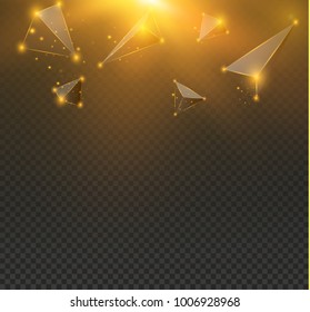 Black realistic triangles and golden light effects. 3D effect.motion of flying triangles. Vector illustration.For cover book, brochure, flyer, poster, magazine, cd cover design.