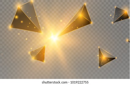 Black realistic triangles and golden light effects. 3D effect.motion of flying triangles. Vector illustration.For cover book, brochure, flyer, poster, magazine, cd cover design.