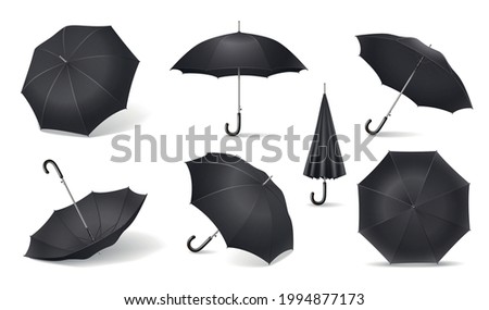 Black realistic umbrella icon set different positioning of umbrellas and positions in the folded and unfolded form vector illustration