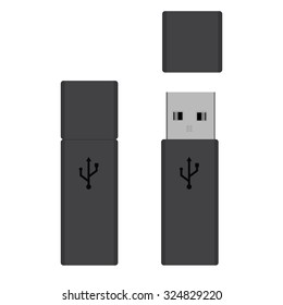 Black realistic USB flash drives opened and closed vector illustration. Memory sticks