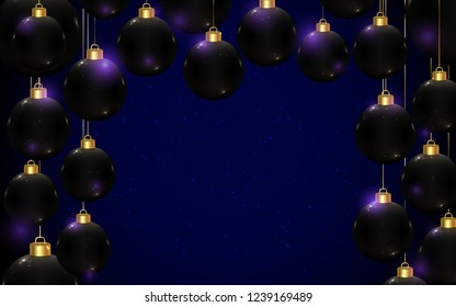 Black realistic vector Christmas balls on dark blue background with copy space. Horizontal banner template for winter holidays and parties. New year flyer. Chic and luxury greeting card design.