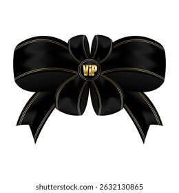 Black realistic vip bow. Satin tied ribbon isolated on white background. Vector element template for business card, banner, poster, notebook, invitation 