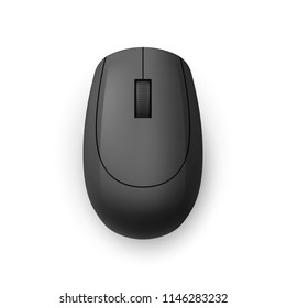 Black Realistic Wireless Computer Mouse. Top View Technology Concept. Matte Finish Soft Touch on White Background