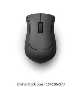 Black Realistic Wireless Computer Mouse. Top View Technology Concept. Matte Finish Soft Touch