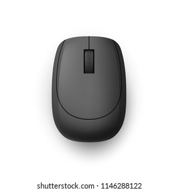 Black Realistic Wireless Computer Mouse. Top View. Matte Finish Soft Touch on White Background