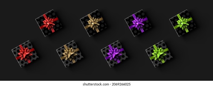 Black realistic wrapped gift boxes. Red, Golden, purple, green bows. Polka-dot. Vector illustration.